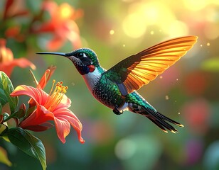 Fototapeta premium A vibrant hummingbird hovers near a blooming red hibiscus flower