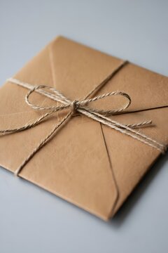 Brown envelope tied with twine on a gray surface simple and minimalistic look