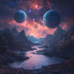 Twin planets glowing above surreal cosmic valley high resolution picture