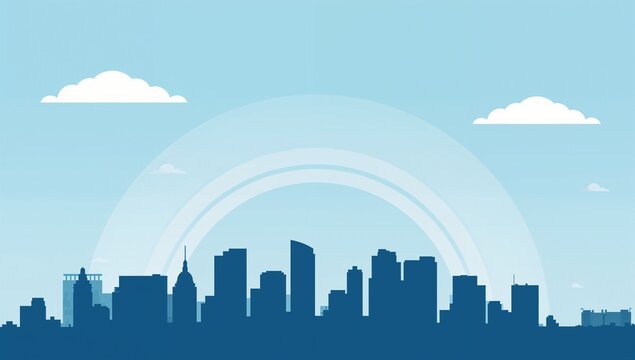 Urban city skyline silhouette with vibrant blue sky background