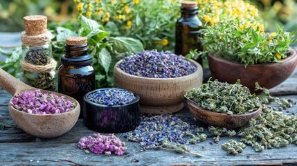 A wooden table with a variety of dried herbs and essential oils, including lavender, thyme, and rosemary, arranged in bowls and bottles.