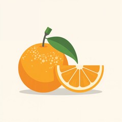 Fresh vibrant orange fruit with a green leaf and a juicy slice
