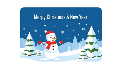 Festive snowman character in a winter wonderland scene with snow-covered trees and falling snow