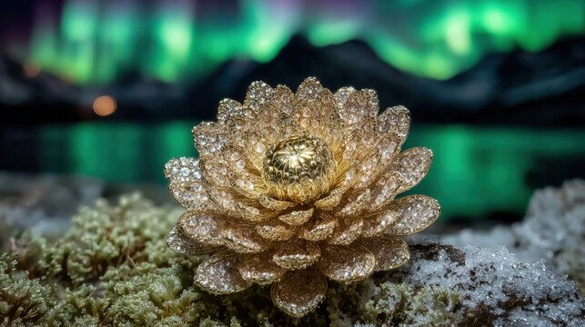 Detailed Golden Lotus Flower With Northern Lights Background