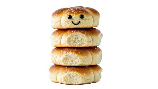 Four Cute Toasted Bread Rolls Stacked in Honeycomb Pattern with Smiley Face
