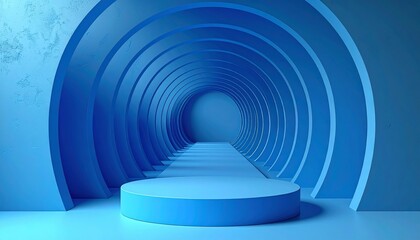Obraz premium Abstract blue light tunnel with a curved technology spiral pattern and motion lines in a futuristic 3D space vector design