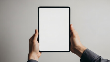  both hands holding a tablet horizontally, completely blank matte screen for mockup insertion