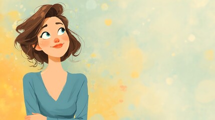 Whimsical cartoon woman with bright eyes and brown hair. looking up with a hopeful expression on a