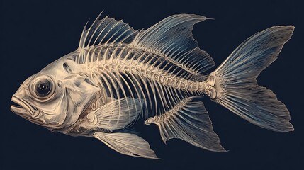 Detailed anatomical sketch of a fish skeleton. showcasing intricate bone structure and fins agains