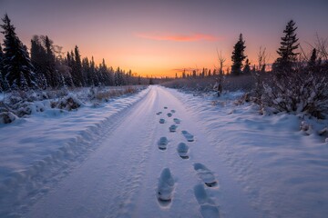Naklejka premium Footprints in the snow at sunset through a winter forest landscape view