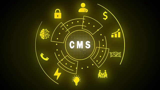 Futuristic yellow CMS acronym in a circular digital interface with icons Keywords: CMS, content management system, acronym, technology, digital, interface, futuristic, technology, network