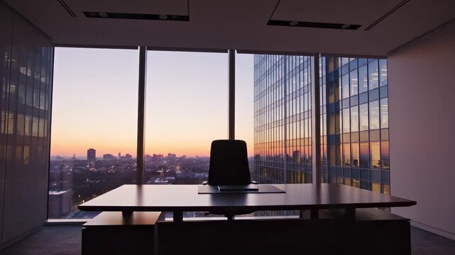 Sunrise cityscape view from modern office desk with armchair. Empty corporate workspace with urban skyline during morning light cycle.