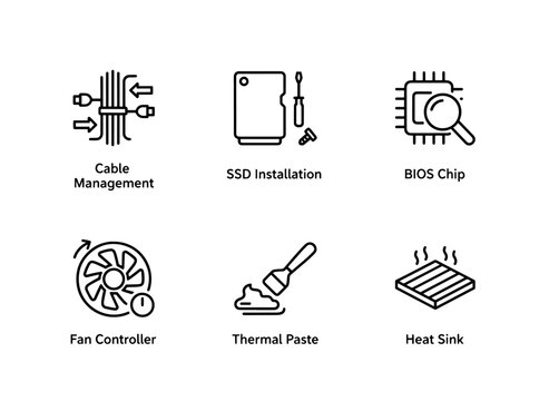 Cable Management SSD Installation BIOS Chip Fan Controller Thermal Paste Heat Sink Computer Hardware Icons