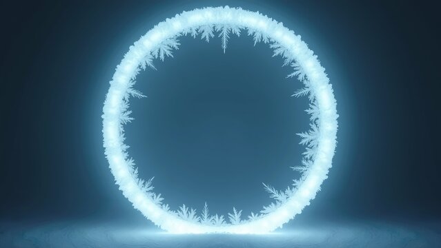 Abstract glowing frosty circular frame with ice crystals and snowflakes against a dark background, suitable for winter holiday designs and ethereal effects - Powered by Adobe