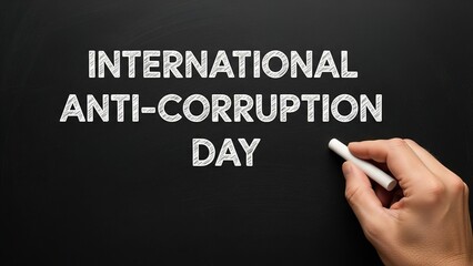 International Anti-Corruption Day text on a black background with a hand holding chalk.