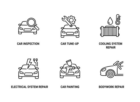 Car Inspection Car Tune Up Cooling System Repair Electrical System Repair Car Paint Repair Icons