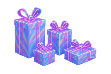 Obraz premium Iridescent holographic gift boxes with neon glow on transparent background