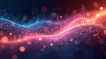 Abstract glowing light particles forming a beautiful wavy pattern in deep blue and vibrant orange, creating a magical and festive ambiance, perfect for holiday and technological themes