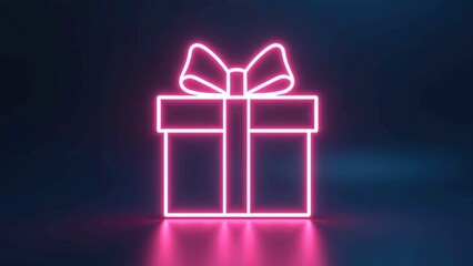Vibrant neon pink glowing gift box icon with a festive bow, illuminating a dark tech background, perfect for modern holiday promotions, digital celebration designs, and online event marketing concepts