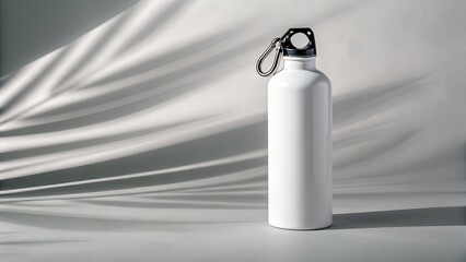 White Stainless Steel Water Bottle Isolated on Light Grey Surface, Featuring Carabiner Attachment, Perfect for Sustainable Product Advertising, Brand Identity Layouts, and Commercial Design Templates