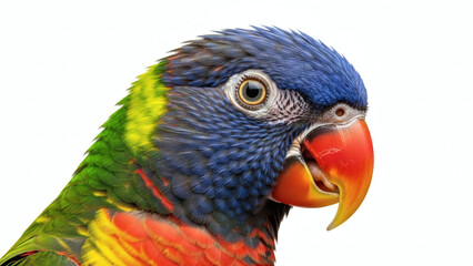 Fototapeta premium Ultra-realistic studio shot of a colorful parrot head portrait, natural tone colors, ultra-sharp feather micro-detail, gentle catchlight in eyes, isolated on clean white background
