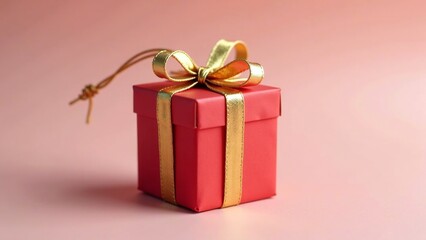 Obraz premium A vibrant red gift box with a golden ribbon, a symbol of giving and celebration, set against a soft pink backdrop, perfect for holidays and special occasions