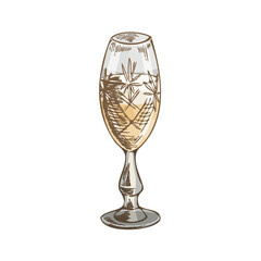 Hand drawn vintage sketch of elegant champagne glass with engraved decor in color and monochrome versions, isolated