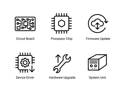 Circuit Board Processor Chip Firmware Update Device Driver Hardware Upgrade System Minimal Bold Line Icons