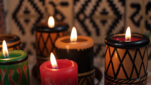 Burning candles with decorative and warm glow patterns