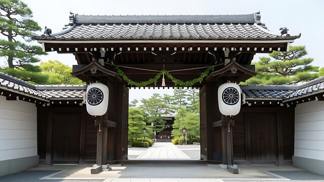 Traditional Japanese Temple Gate with Lanterns and Garden Path.
