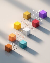 Obraz premium Colorful 3D cubes connected by arrows forming a clean diagram of sequential workflow steps.