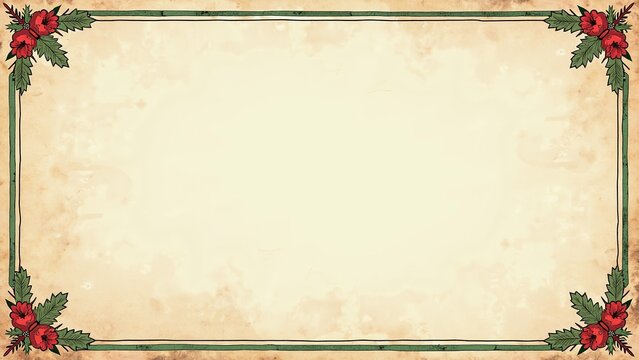 Vintage Christmas rectangular frame with festive holly and red berry decorations on the corners. Horizontal empty border on a textured parchment background for holiday greetings