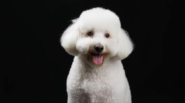 Portrait d&rsquo;un bichon fris&eacute; isol&eacute; sur fond noir, la cam&eacute;ra avance lentement, le chien est content, il tire la langue &ndash; 16:9, IA g&eacute;n&eacute;rative