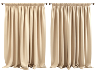Beige drapes with gathering on a wooden rod, set