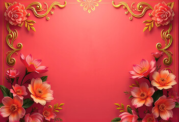 Elegant floral frame with golden decorative ornaments and vibrant 3D flowers on a rich pink background, perfect for invitations, greeting cards, and festive designs