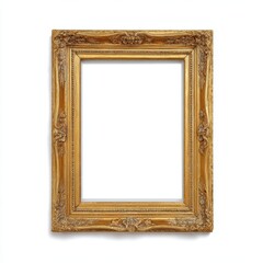 Isolated antique baroque gold picture frame with ornate carving and distressed finish on a white background, featuring copy space inside for portraits, artwork, or presentations.