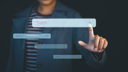 Person tapping a digital search bar interface, representing online browsing, data finding, and modern technology interaction for web research, SEO concepts, and futuristic UI innovation.