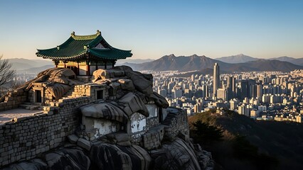 Traditional Korean Pavilion Overlooking Seoul Cityscape at Sunset.