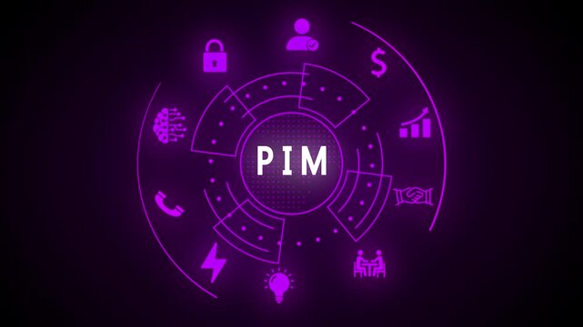 Futuristic purple PIM acronym in a circular digital interface with icons Keywords: PIM, product information management, acronym, technology, digital, interface, futuristic, technology, network