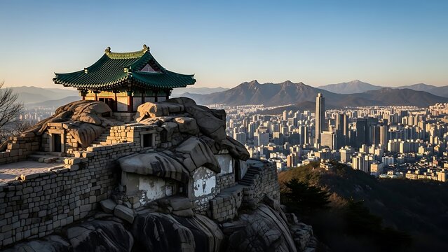 Traditional Korean Pavilion Overlooking Seoul Cityscape at Sunset.