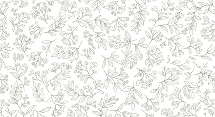 Seamless botanical pattern featuring delicate sketched branches with leaves and small flowers, rendered in a subtle, textured monochrome style.