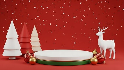 Christmas Holiday Product Display, Podium with Falling Snow, Festive Decorations Red Background, Winter Product Mockup