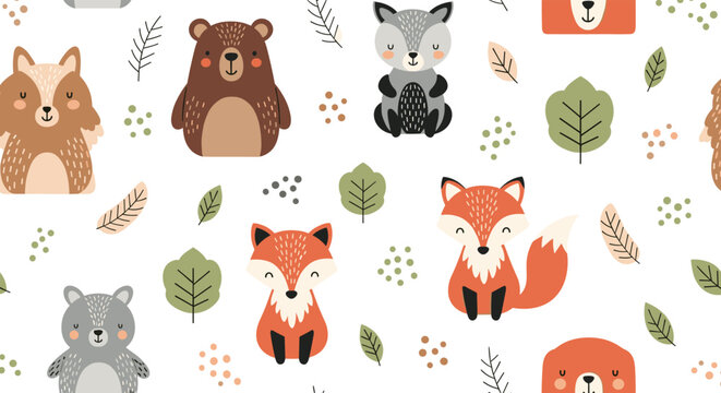 Sweet baby forest animals seamless pattern with cute bears, foxes, raccoons, and squirrels, perfect for nursery decor.