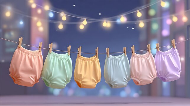 Cute baby bloomers in pastel colors drying on a clothesline with festive string lights at dusk