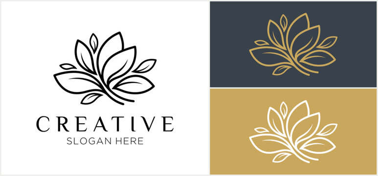 An elegant logo design featuring a stylized floral or leaf arrangement in a minimalist line art style, shown in three color variations.