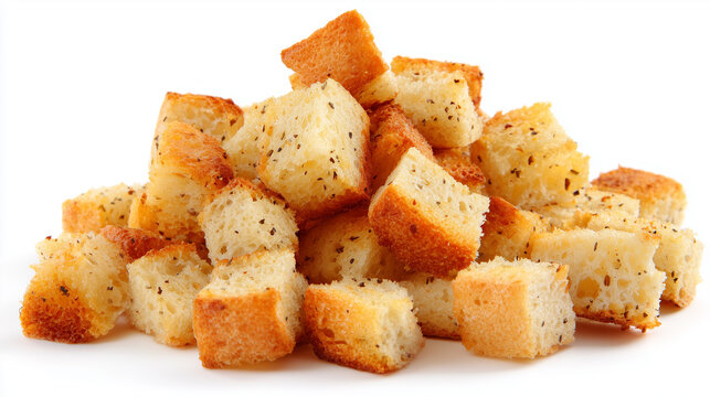 A hearty pile of golden, toasted bread croutons with specks of seasoning. Crunchy, airy cubes perfect for salads, soups, and snacking. Clean white background highlights texture and crumb.