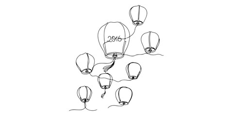 Continuous one line of a new year's eve flying lantern, symbol of hope 2016, celebration theme, hand drawn vector illustration.