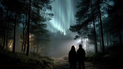 Two people standing in a forest, looking up at the aurora borealis. the scene is realistic, cinematic, and set at night, with tall trees surrounding the forest. 