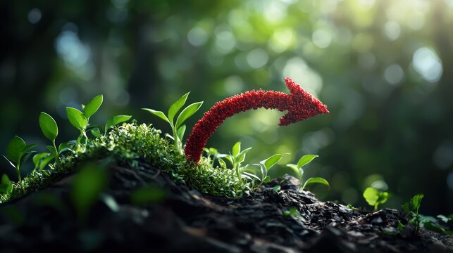 A red arrow pointing to the right amidst green foliage in a forest setting. - Powered by Adobe