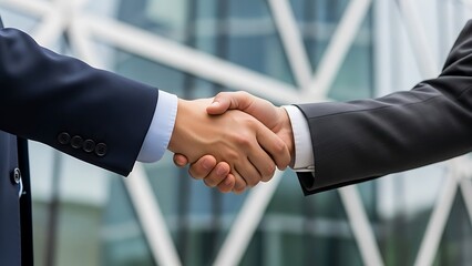 Two business partners shaking hands in front of a modern office building, symbolizing agreement and partnership.